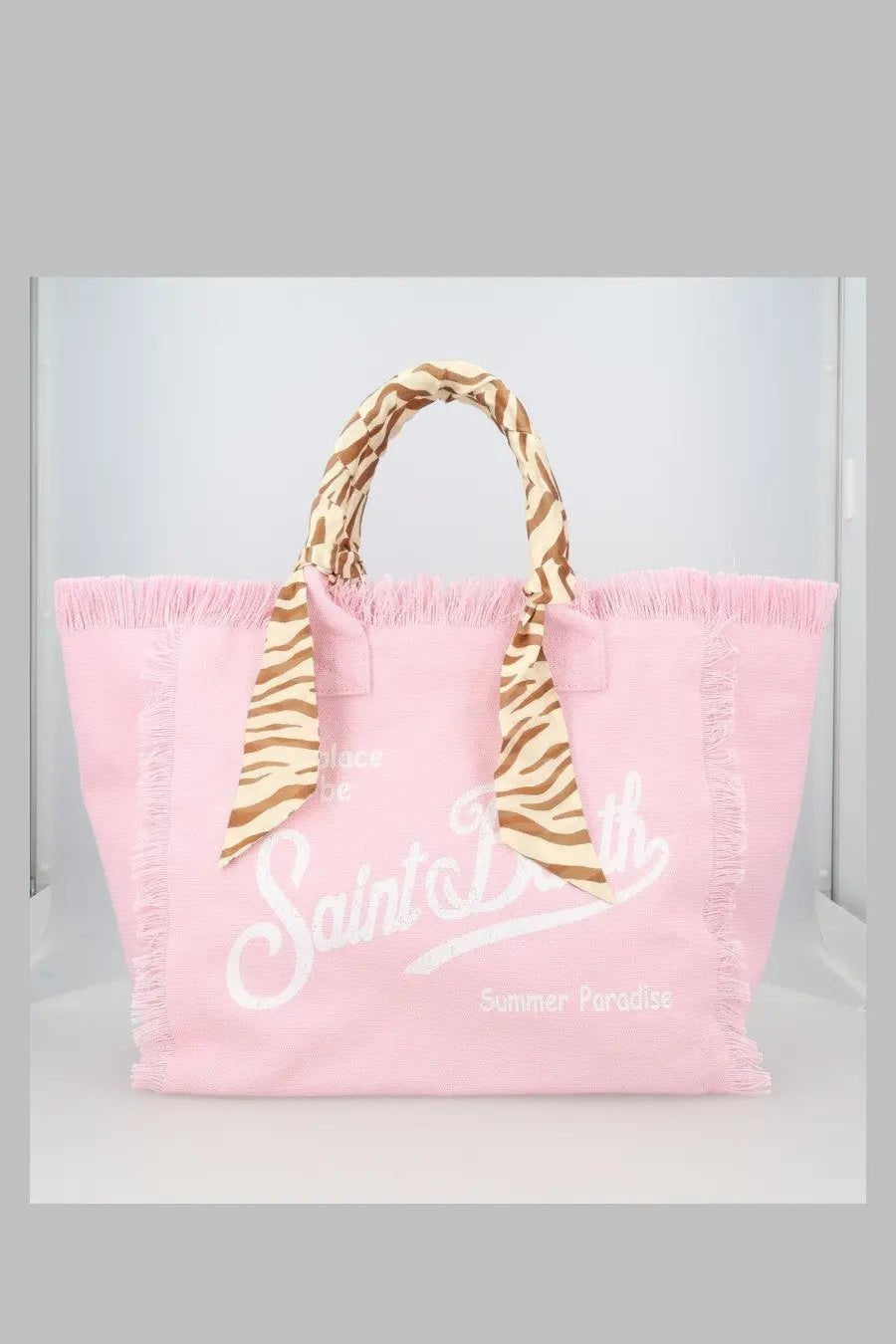 Mc2 saint barth women’s pink canvas tote bag with frayed edges white lettering and zebra-print bow handles