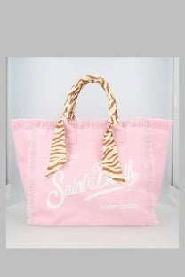 Mc2 saint barth women’s pink canvas tote bag with frayed edges white lettering and zebra-print bow handles
