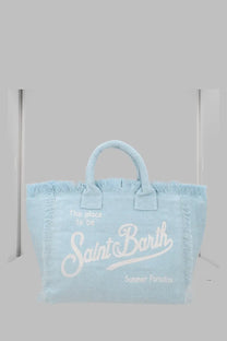 Light blue canvas tote bag with white embroidered saint barth text and frayed edges mc2 saint barth borsa vanity in lino blue