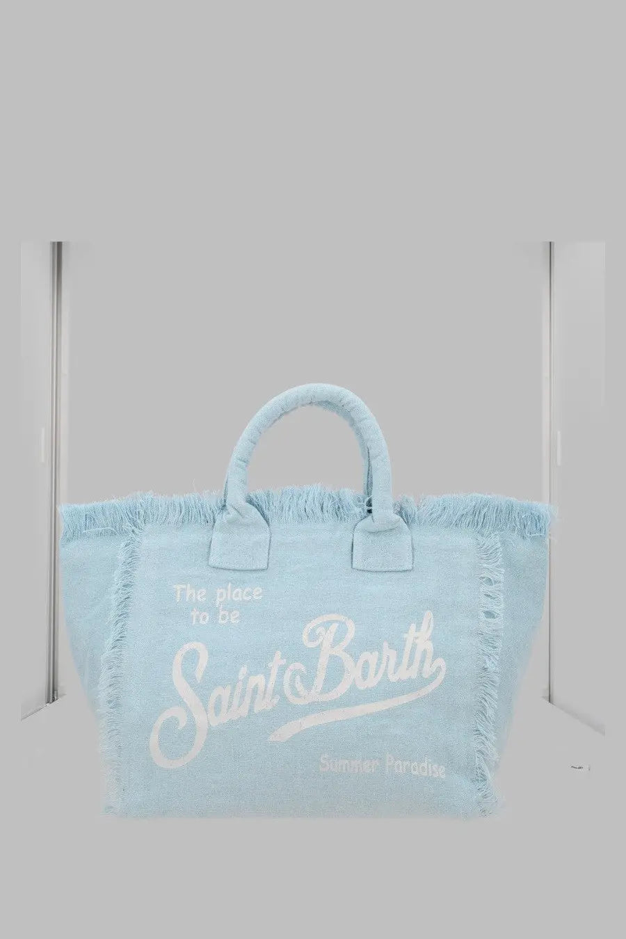 Mc2 Saint Barth women’s linen blue tote bag with frayed edges and white embroidered saint barth script handles