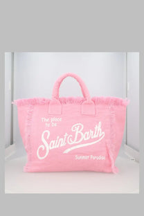 Pink canvas tote bag with frayed edges and white embroidered text from mc2 saint barth in lino blue