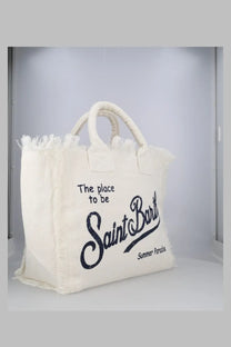 Cream-colored canvas tote bag with frayed edges and black embroidery by Mc2 Saint Barth in lino white color