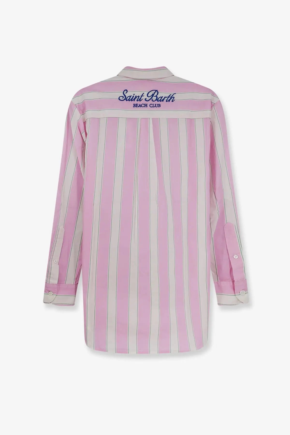 Mc2 saint barth women’s brigitte striped cotton shirt blue showing back with pink white stripes and blue embroidered logo