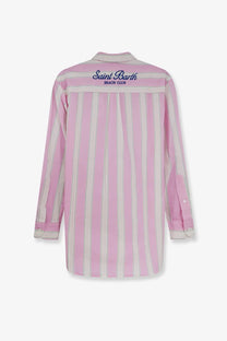 Mc2 saint barth women’s brigitte striped cotton shirt blue showing back with pink white stripes and blue embroidered logo