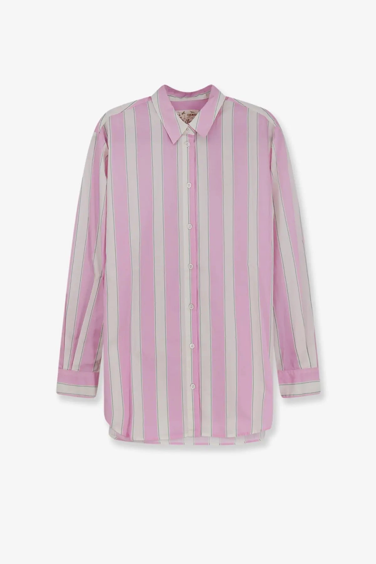 Mc2 Saint Barth women’s Brigitte striped cotton shirt in soft pink and white with long sleeves and classic collar