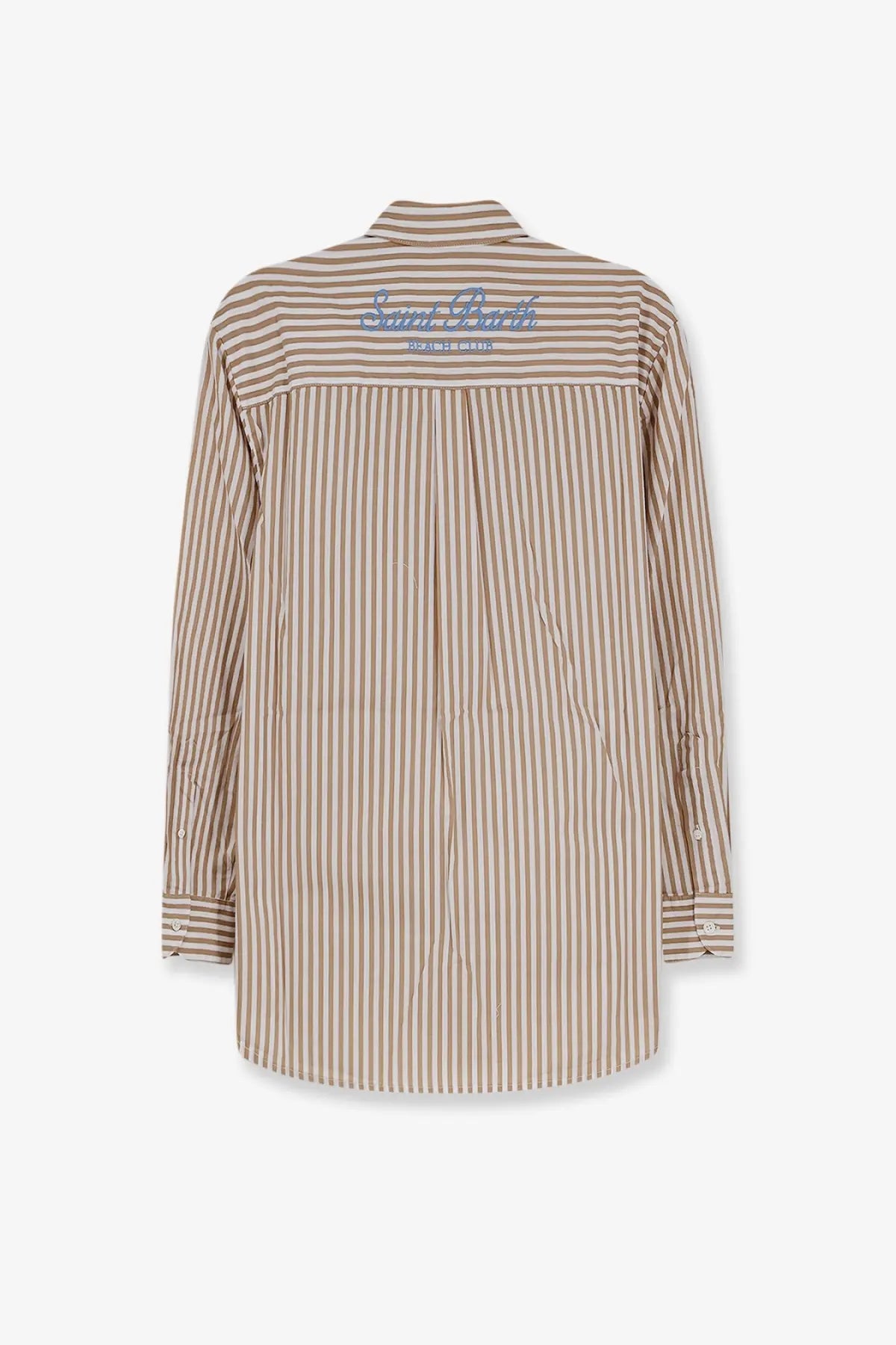 Back view of mc2 saint barth womens brigitte striped cotton shirt in beige and brown with blue embroidered logo