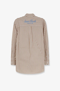 Back view of mc2 saint barth womens brigitte striped cotton shirt in beige and brown with blue embroidered logo