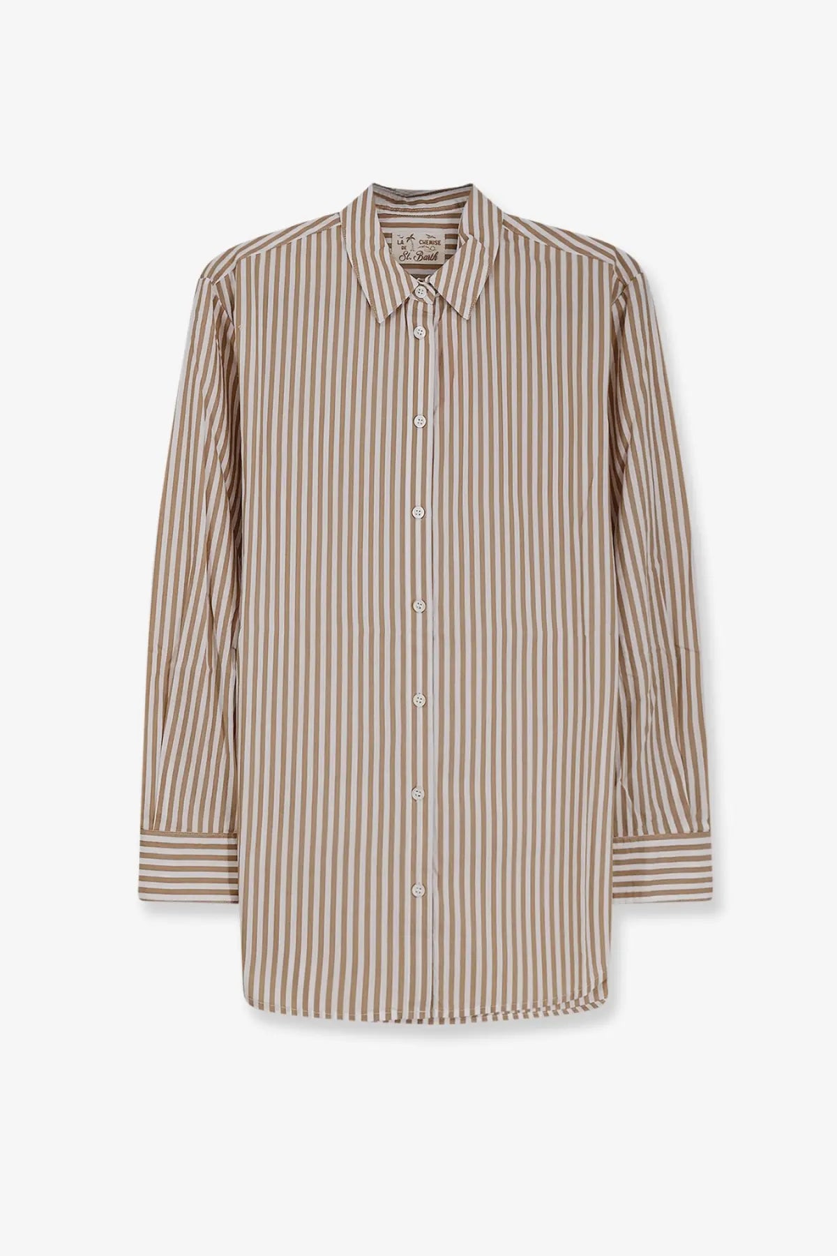 Mc2 Saint Barth women’s Brigitte striped cotton shirt in beige and brown vertical stripes with long sleeves and classic collar