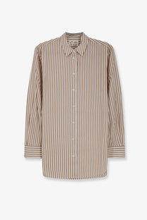 Mc2 Saint Barth women’s Brigitte striped cotton shirt in beige and brown vertical stripes with long sleeves and classic collar