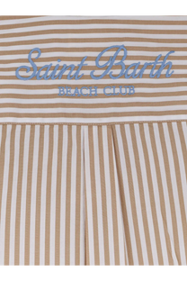 Mc2 Saint Barth women’s Brigitte striped cotton dress in beige and white with Saint Barth Beach Club embroidery