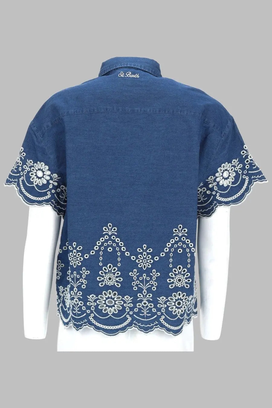 Mc2 Saint Barth women’s chambray blue denim shirt with white floral embroidery along sleeves and hem