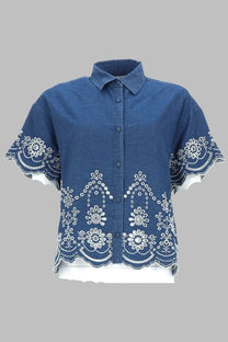 Mc2 saint barth women’s chambray blue denim short-sleeved shirt with white floral embroidery on cuffs and hem