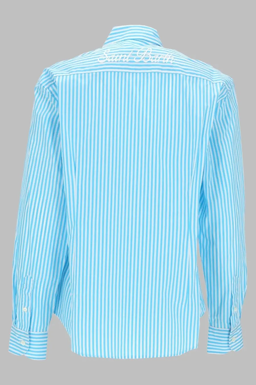 Mc2 Saint Barth women’s light blue and white striped long sleeve button down shirt with sara rani embroidered collar