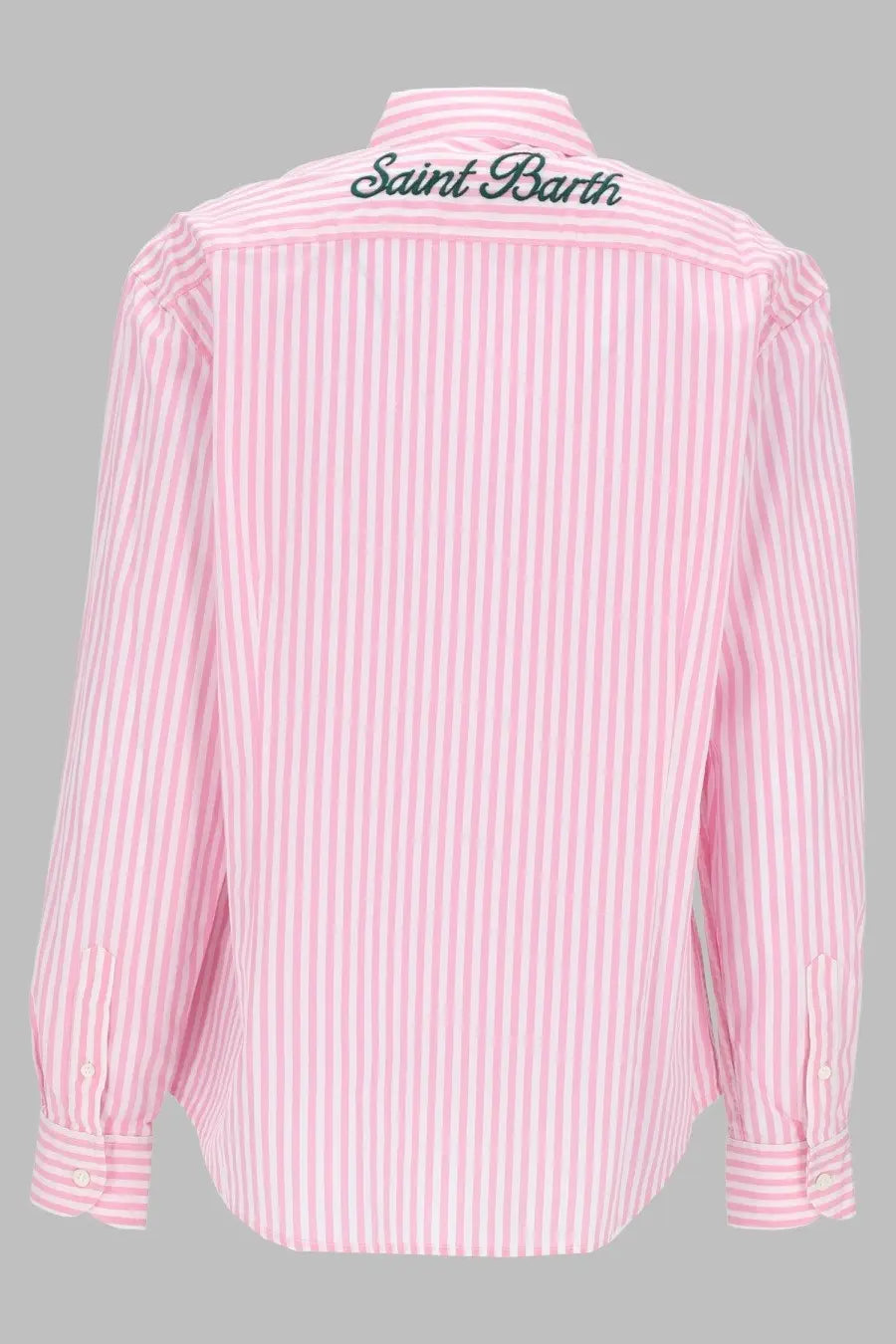 Mc2 saint barth women’s pink and white striped long sleeve button down shirt with green saint barth embroidery on collar