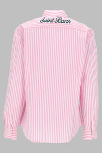Mc2 saint barth women’s pink and white striped long sleeve button down shirt with green saint barth embroidery on collar