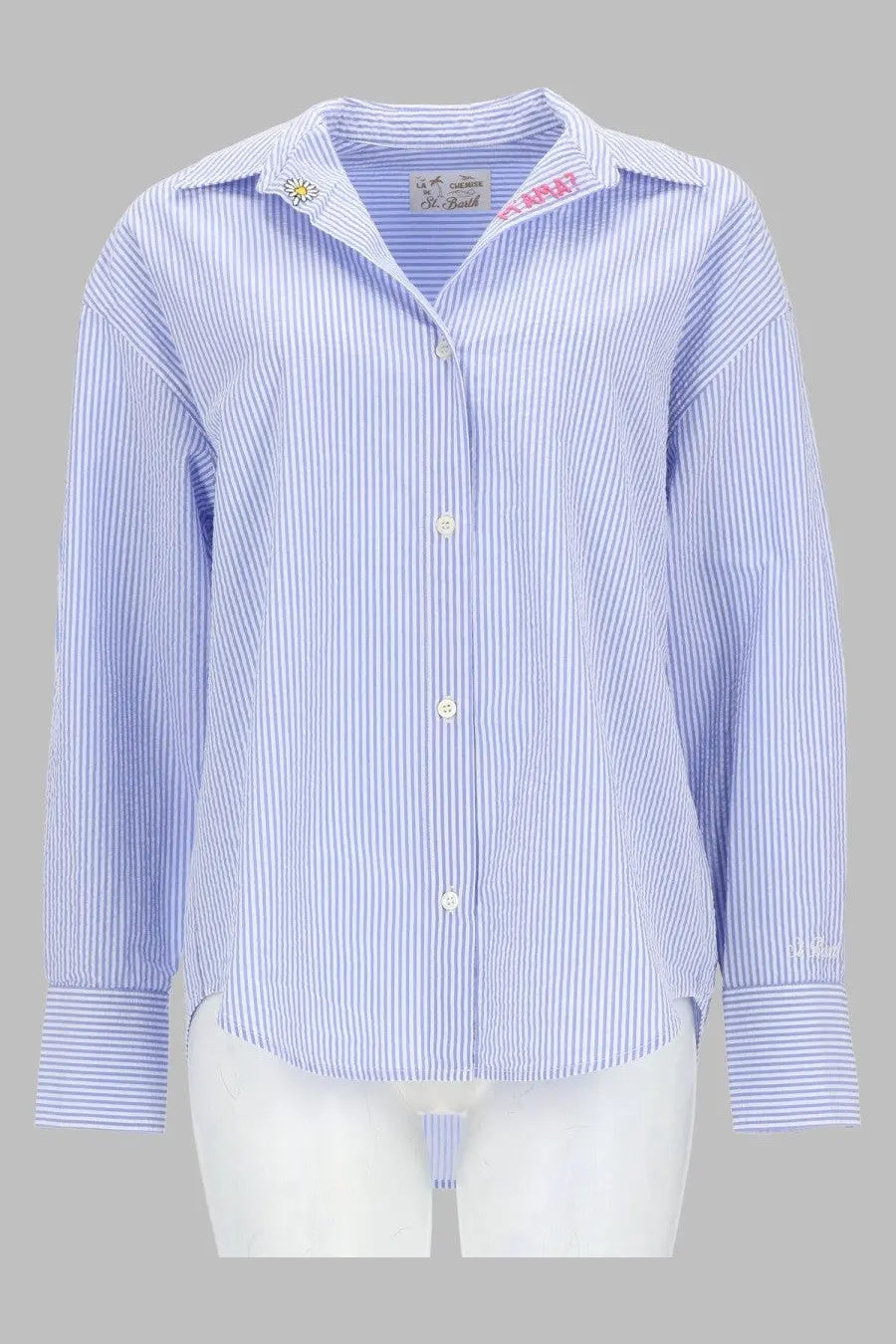 Mc2 Saint Barth women’s light blue and white striped button-up shirt with embroidered flower on the collar
