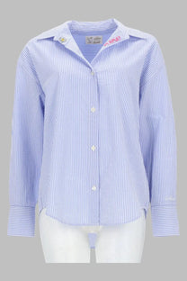 Mc2 Saint Barth women’s light blue and white striped button-up shirt with embroidered flower on the collar