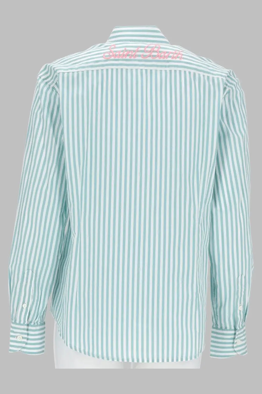 Mc2 Saint Barth women’s camicia righe green long-sleeved mint green and white striped shirt with pink saint marc embroidery