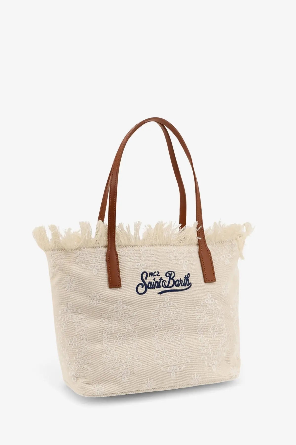 Beige canvas tote bag with brown leather handles and navy blue mc2 Saint Barth logo for women city shoulder use