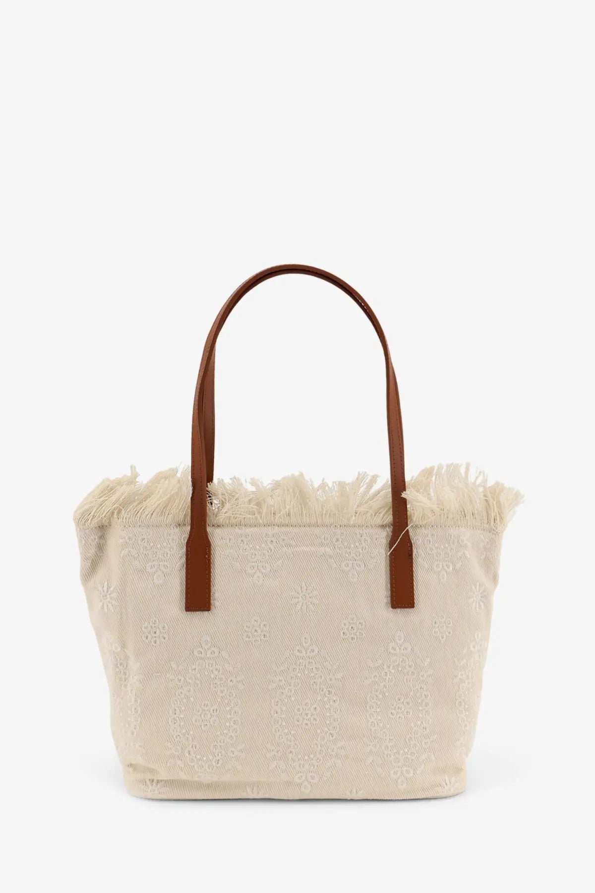 Beige woven canvas tote bag with brown leather handles and frayed top edge mc2 saint barth city bag white