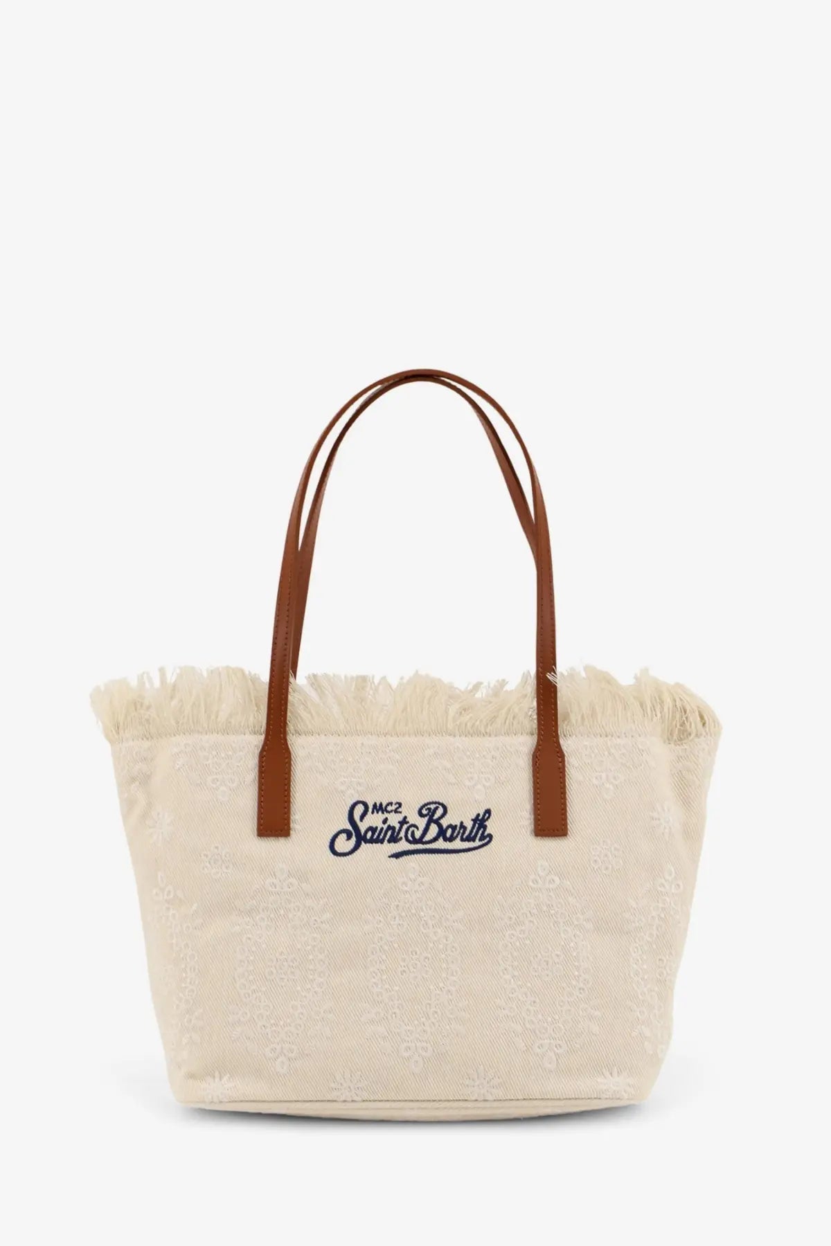 Cream-colored mc2 saint barth women’s city canvas shoulder bag with brown leather handles and embroidered logo