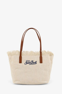 Cream-colored canvas mc2 saint barth city shoulder bag with brown leather handles and embroidered navy logo