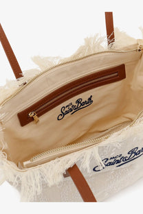 Cream-colored Mc2 Saint Barth women’s canvas shoulder tote bag with frayed edges and brown leather handles