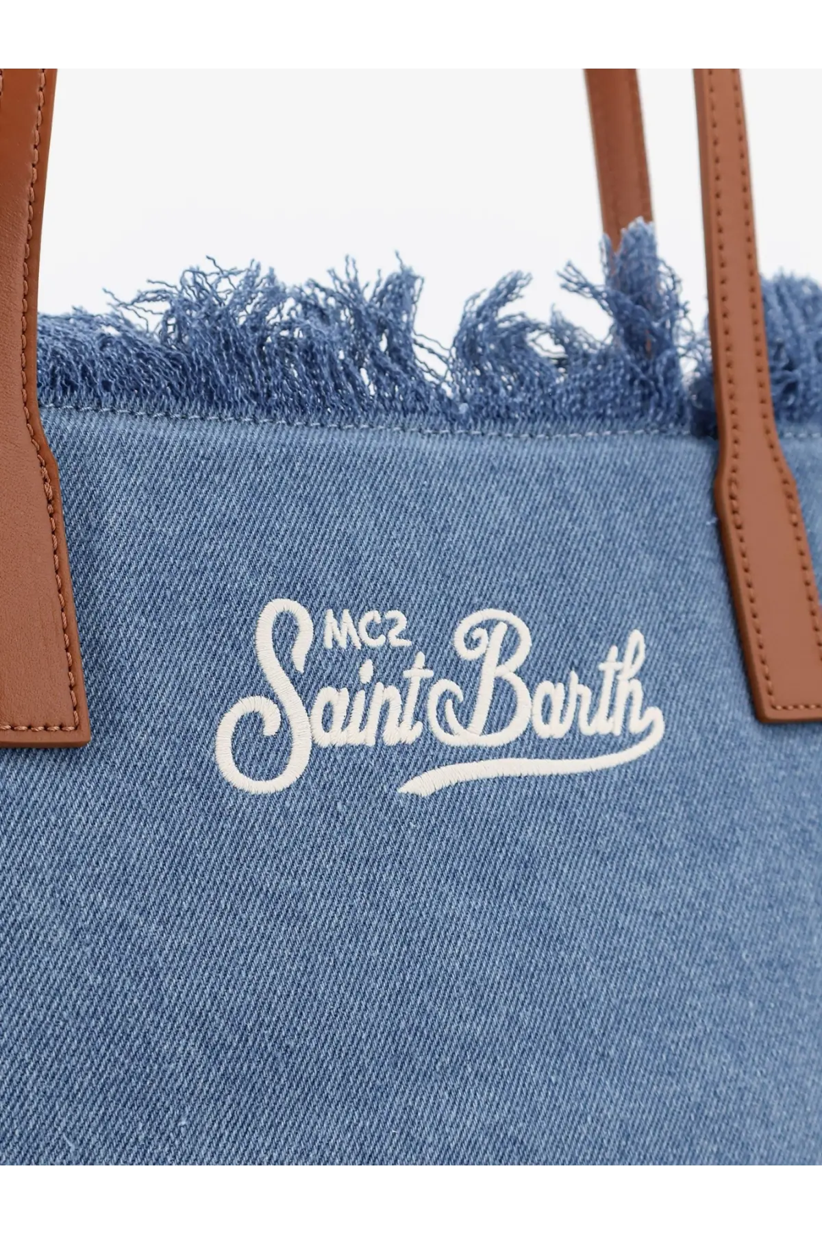 Blue denim tote bag with brown leather handles and white embroidered mc2 saint barth logo for women