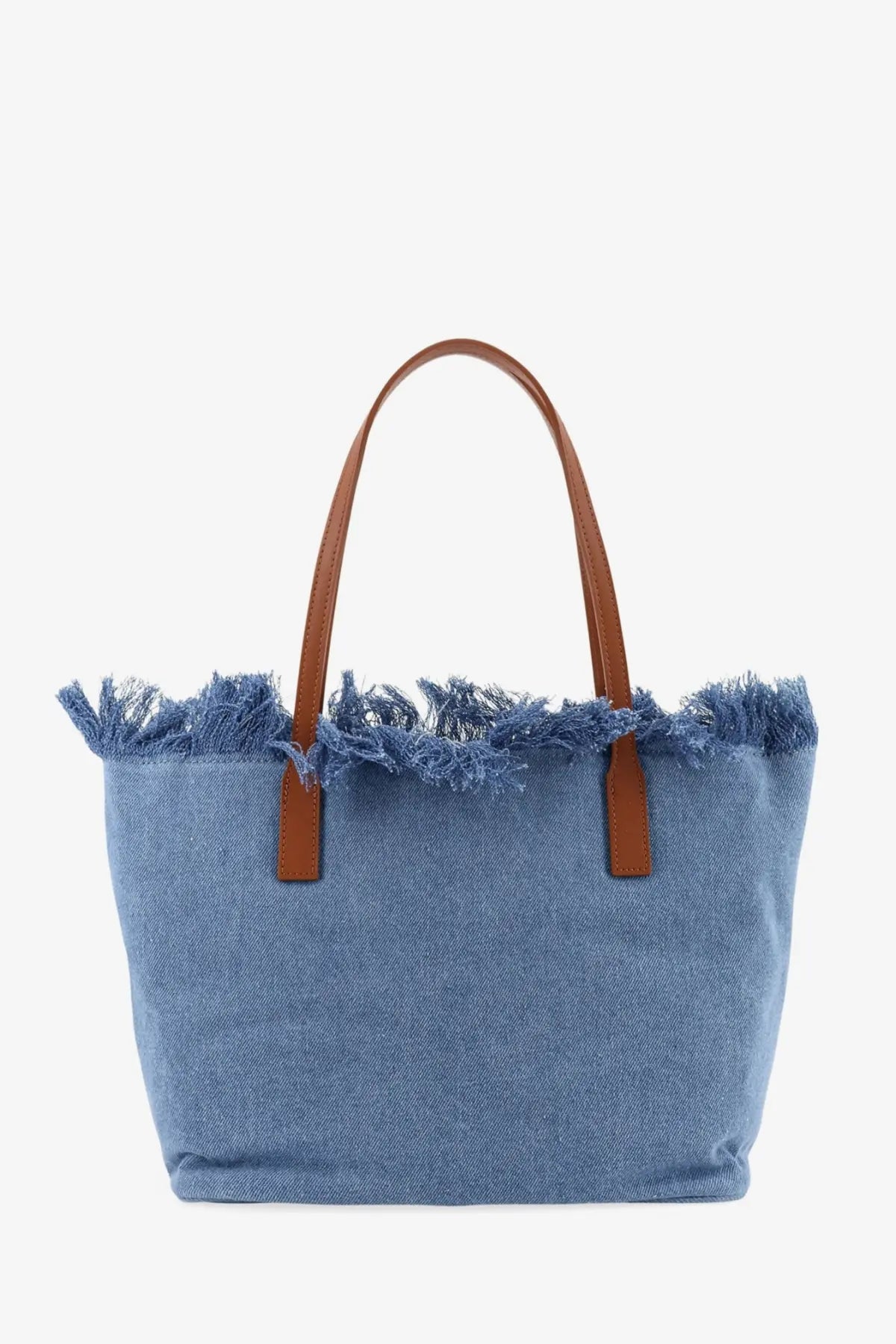 Mc2 Saint Barth women city bag denim shoulder bag blue with brown leather handles and frayed edges