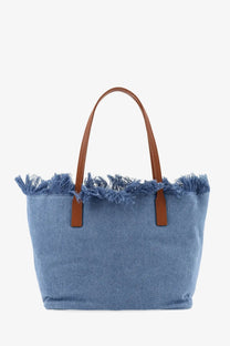 Mc2 Saint Barth women city bag denim shoulder bag blue with brown leather handles and frayed edges