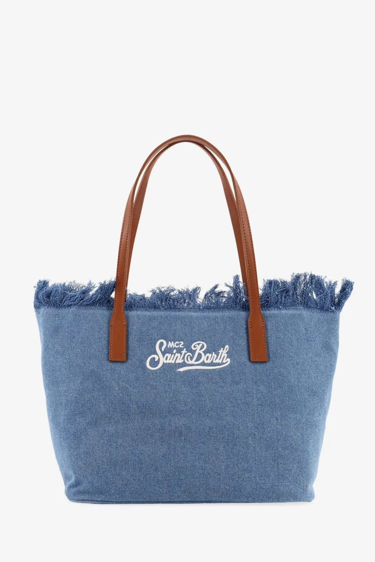 Mc2 Saint Barth women’s city bag denim shoulder bag in blue with brown leather handles and white embroidered logo