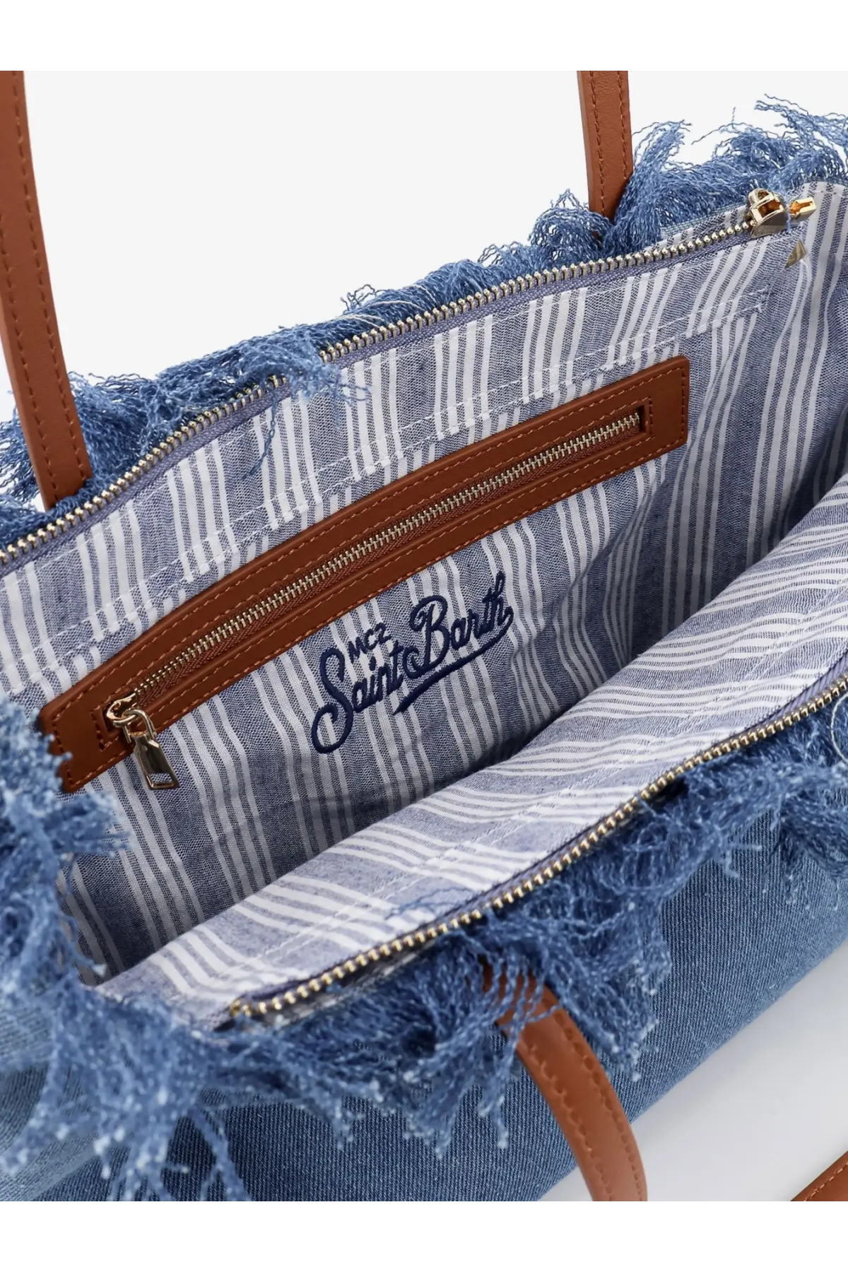 Mc2 Saint Barth women’s city bag denim shoulder bag blue with blue and white striped denim, frayed edges, and brown leather handles