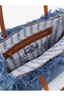 Mc2 Saint Barth women’s city bag denim shoulder bag blue with blue and white striped denim, frayed edges, and brown leather handles