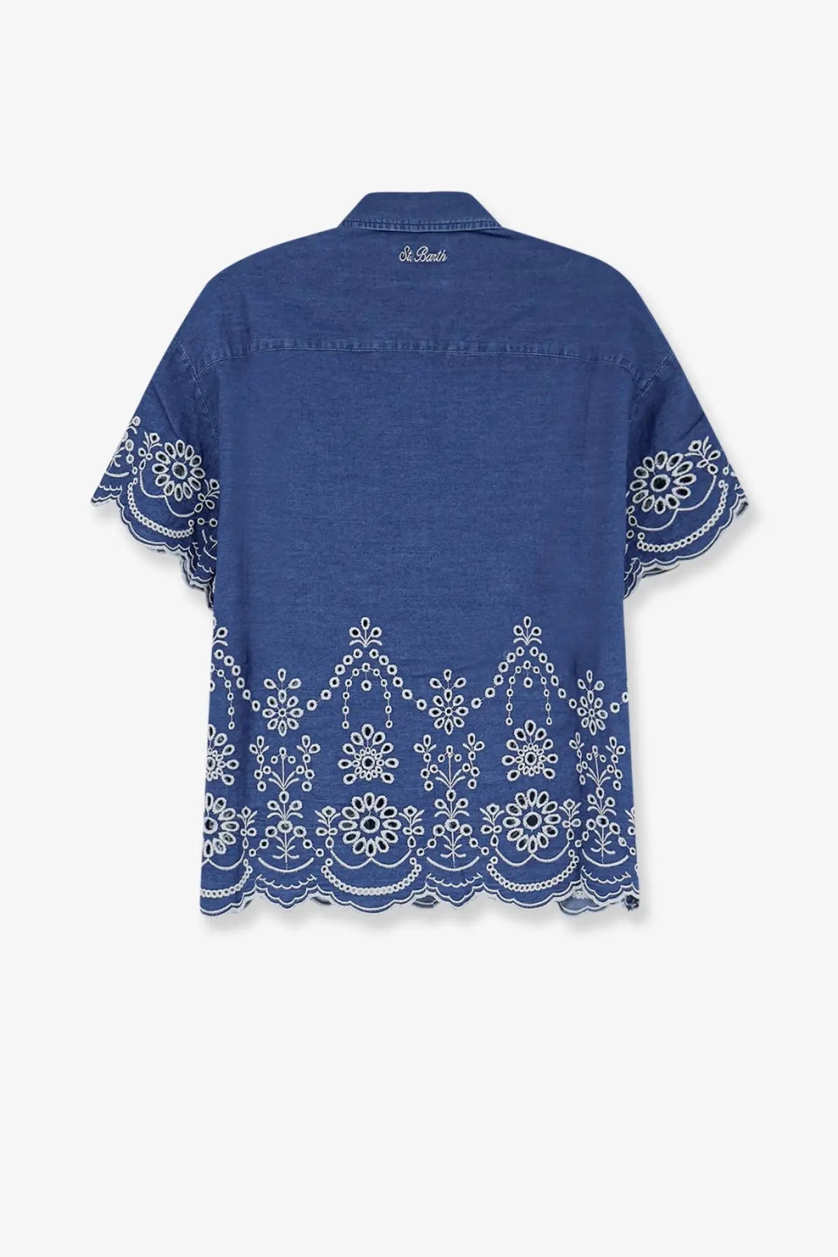 Blue denim short-sleeved cotton shirt with white floral embroidery on cuffs and hem from mc2 saint barth