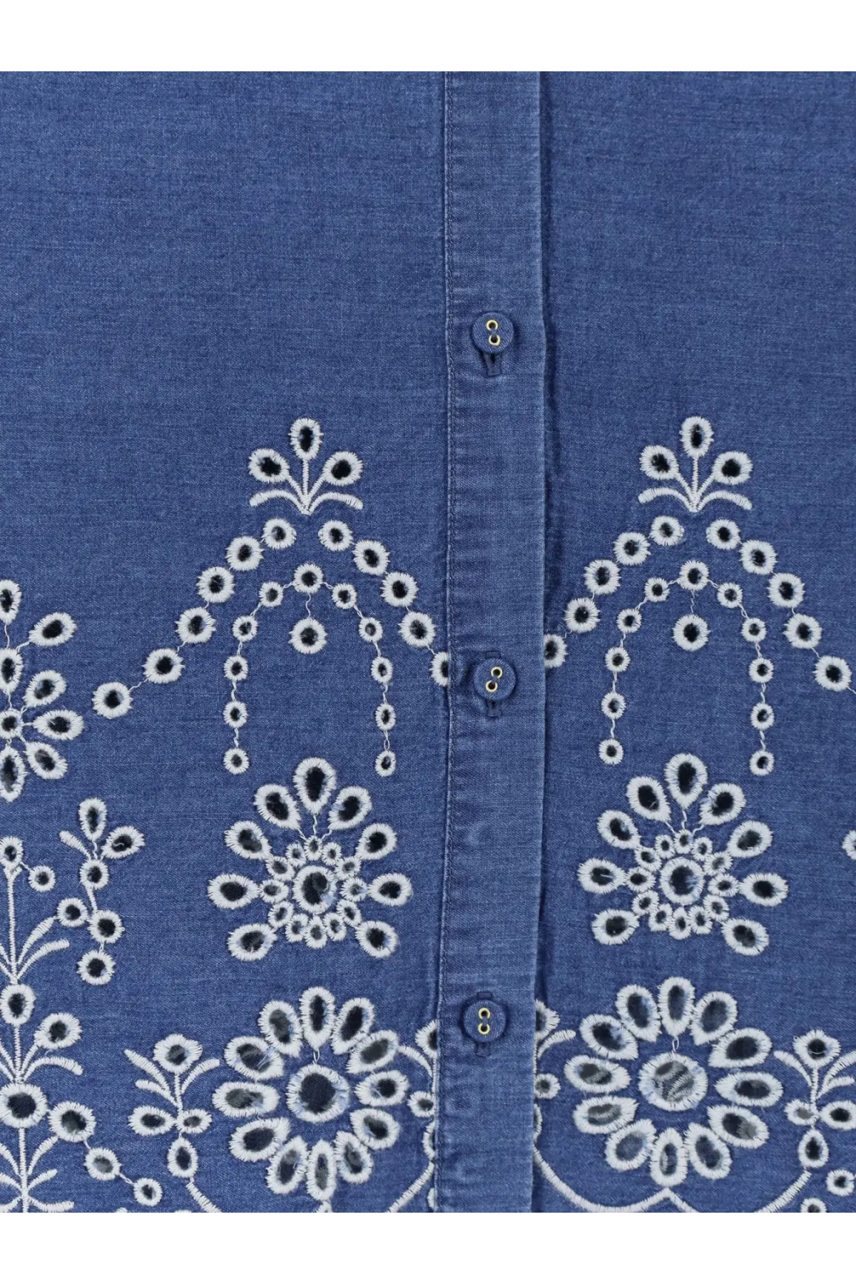 Mc2 Saint Barth women’s Clementine cotton shirt in blue denim with white embroidered floral patterns and dark blue buttons