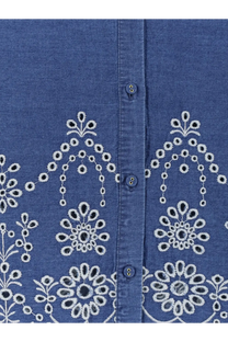 Mc2 Saint Barth women’s Clementine cotton shirt in blue denim with white embroidered floral patterns and dark blue buttons