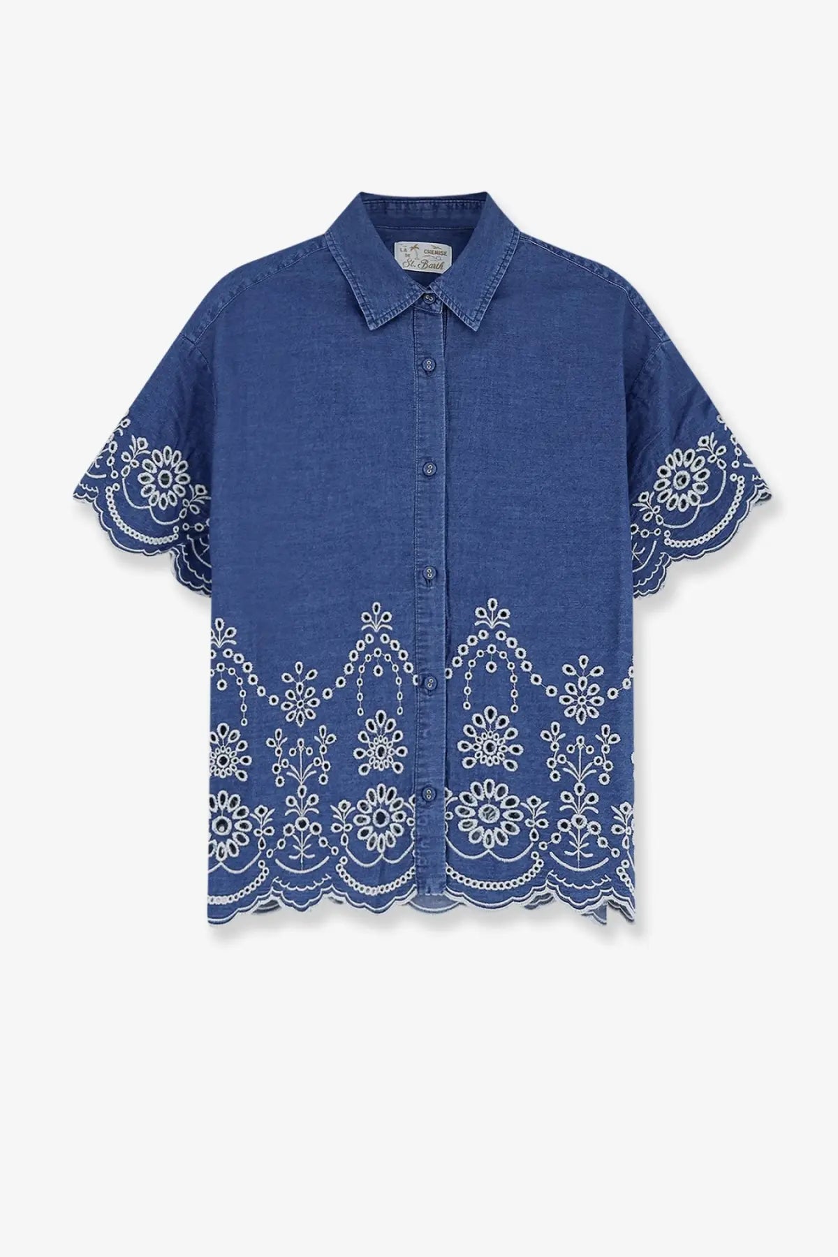 Mc2 saint barth women’s clementine cotton shirt orange with blue denim short sleeves and white floral embroidery on cuffs and hem