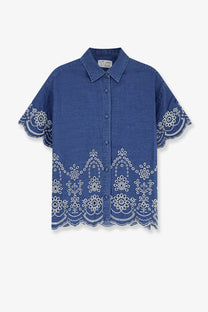 Mc2 saint barth women’s clementine cotton shirt orange with blue denim short sleeves and white floral embroidery on cuffs and hem
