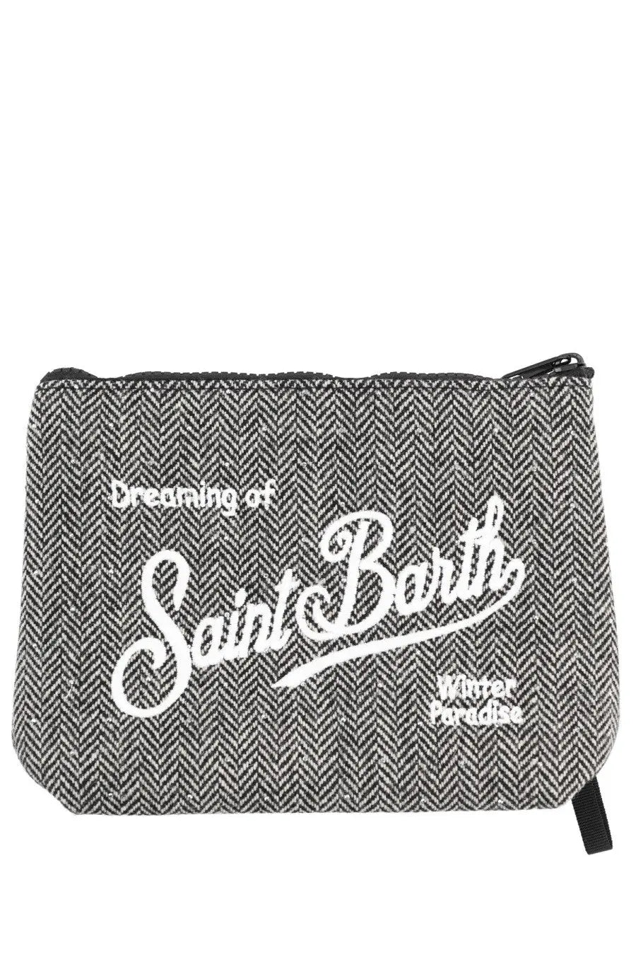Gray herringbone Mc2 Saint Barth women’s clutch bag Aline black with white embroidered dreaming of saint barth winter paradise text