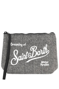 Mc2 Saint Barth women’s clutch bag Aline black with black and white herringbone pattern and dreaming of saint barth text
