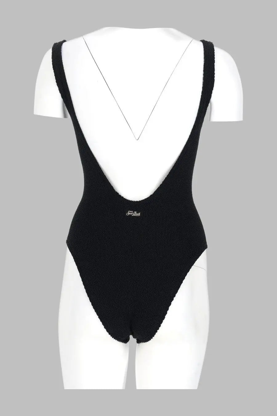 Black ribbed knit one-piece swimsuit with deep v-back and thin straps by mc2 saint barth for women