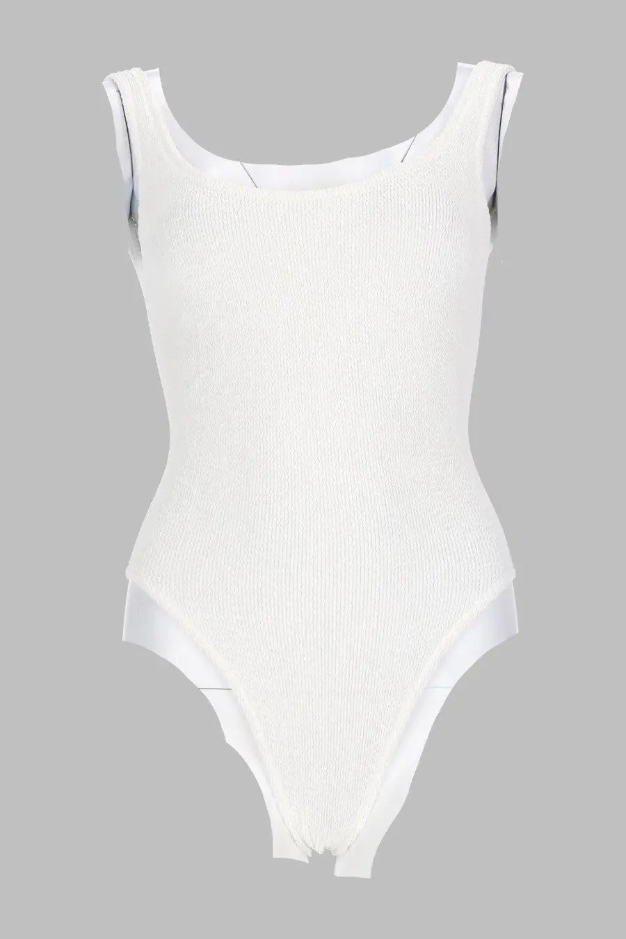 White ribbed knit one-piece swimsuit with square neckline and thin shoulder straps by mc2 saint barth