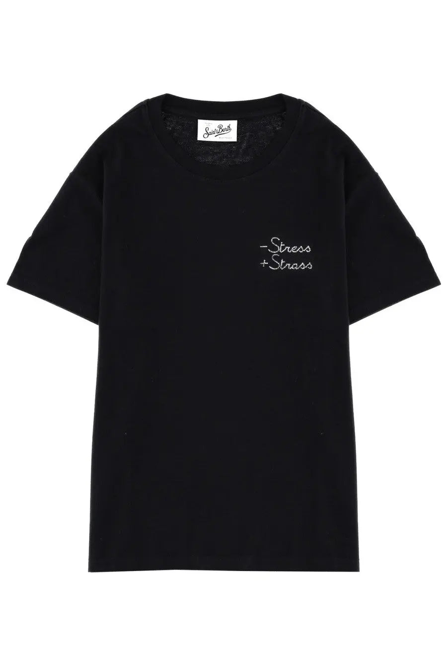 Mc2 Saint Barth women’s black cotton short-sleeved t-shirt with white embroidered stress plus strass text on chest