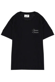 Mc2 Saint Barth women’s black cotton short-sleeved t-shirt with white embroidered stress plus strass text on chest