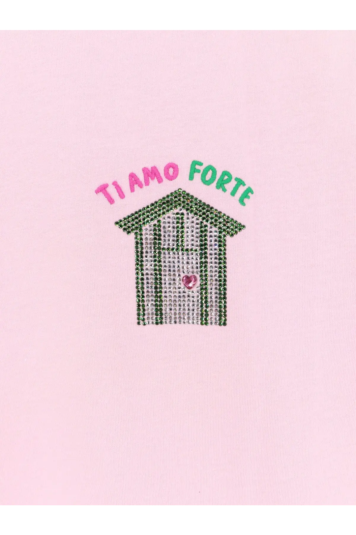 Mc2 Saint Barth women’s blue cotton shirt with pink and green rhinestone beach hut design and tiamo forte text