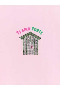 Mc2 Saint Barth women’s blue cotton shirt with pink and green rhinestone beach hut design and tiamo forte text