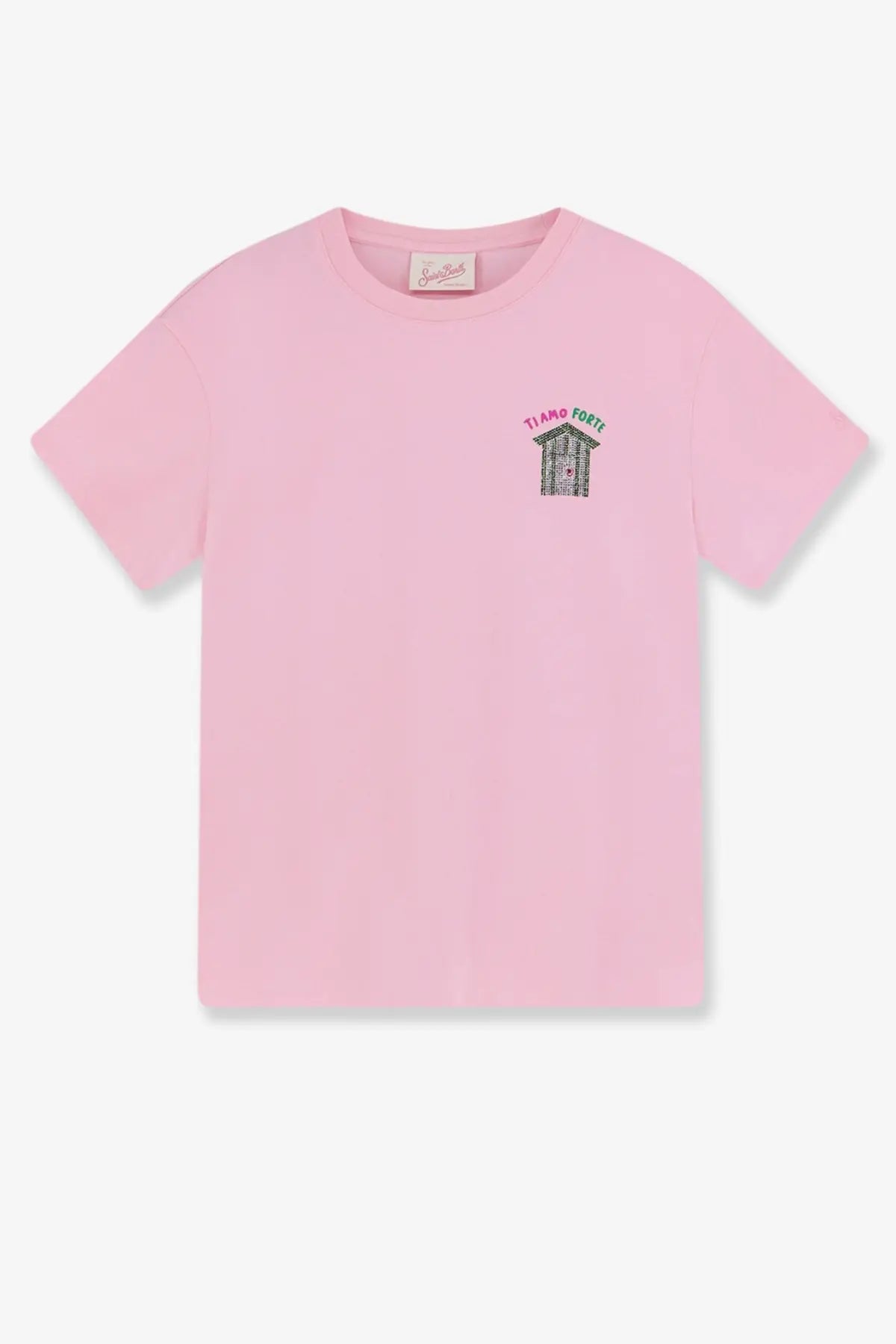 Mc2 Saint Barth women’s soft pink cotton short-sleeved t-shirt with embroidered beach hut and fiamo forte text