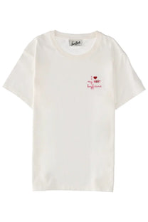 Cream-colored cotton t-shirt with red embroidered text i heart my next boyfriend by mc2 saint barth women’s cotton shirt white