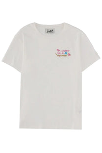 Mc2 Saint Barth women’s white cotton shirt with short sleeves and colorful embroidered text and hand motifs on chest