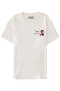 Off-white cotton t-shirt by Mc2 Saint Barth featuring pink embroidered cowboy boots and tearami and casi uman text